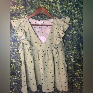 Umgee Olive Heart Print Blouse